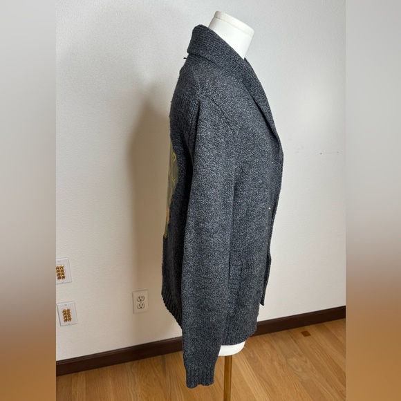 Vintage Upcycled "Obey Propaganda 1989 all city" Grey Shawl Cardigan, Size S. - Picture 8 of 11